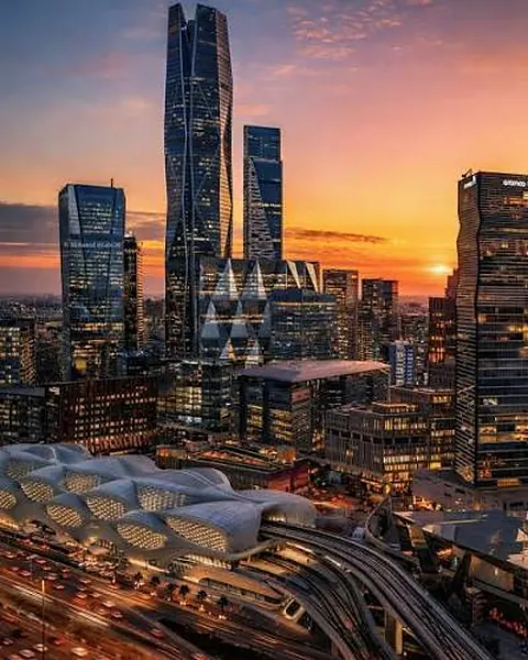 King Abdullah Financial District and its metro station at sunset, Riyadh